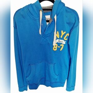 Aeropostale Bright Blue Hoodie with Yellow NYC Embroidered Design - L